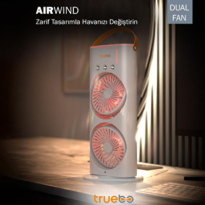 TRUEBO AirWind - Masaüstü Buhar Püskürtmeli Taşınabilir Şarjlı Led Işık Çift Fanlı Vantilatör - Beyaz
