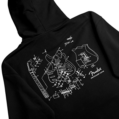 FENDER® Stratocaster Technical Drawing Loose Siyah Hoodie