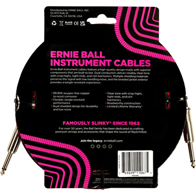 ERNIE BALL 7.6 Metre Örgülü Düz/Düz Uçlu Kırmızı Siyah Enstrüman Kablosu