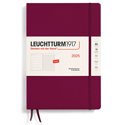 LEUCHTTURM 2025 Haftalık Planlayıcı ve Not Defteri, Tablet Boy (B5), Sert Kapak, İngilizce, Çizgili, Liman Kırmızısı