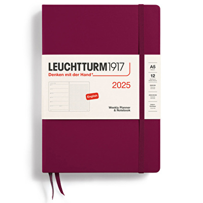 LEUCHTTURM 2025 Haftalık Planlayıcı ve Not Defteri, Orta Boy (A5), Sert Kapak, İngilizce, Noktalı, Liman Kırmızısı