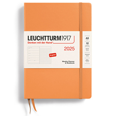 LEUCHTTURM 2025 Haftalık Planlayıcı ve Not Defteri, Orta Boy (A5), Sert Kapak, İngilizce, Noktalı, Kayısı