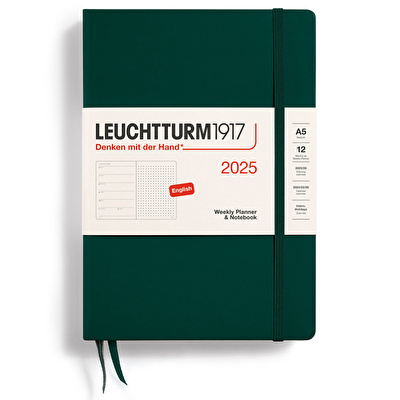LEUCHTTURM 2025 Haftalık Planlayıcı ve Not Defteri, Orta Boy (A5), Sert Kapak, İngilizce, Noktalı, Orman Yeşili