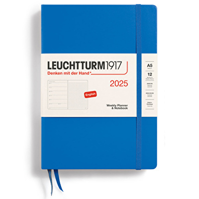 LEUCHTTURM 2025 Haftalık Planlayıcı ve Not Defteri, Orta Boy (A5), Sert Kapak, İngilizce, Noktalı, Gökyüzü Mavi