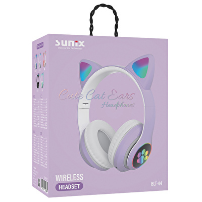 SUNIX Wireless 5.0 Stereo Kedi Kulak Üstü Bluetooth Kulaklık Lila