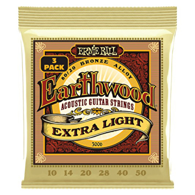 ERNIE BALL P03006 Earthwood Extra Light 8020 Bronze 10-50 Akustik Gitar Teli 3lü Pk.