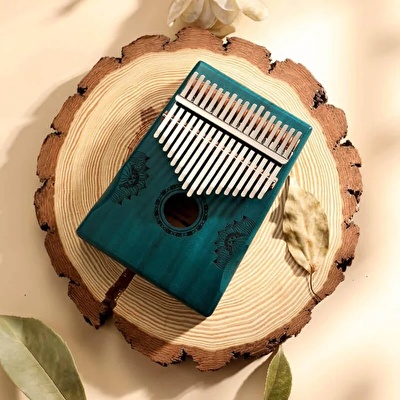 YOGIXO Kalimba 17 Notalı - Blue Painting Lotus Desenli Delik - Mahogany