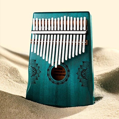 YOGIXO Kalimba 17 Notalı - Blue Painting Lotus Desenli Delik - Mahogany