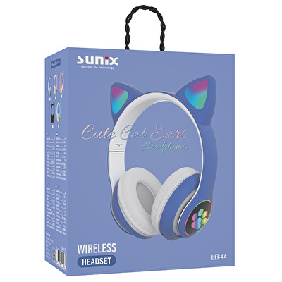 SUNIX Wireless 5.0 Stereo Kedi Kulak Üstü Bluetooth Kulaklık Mavi