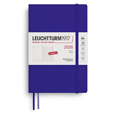 LEUCHTTURM Çanta Boy (B6+) 12 Aylık Ajanda ve Not Defteri (Çizgili) 2026 Yumuşak Kapak, İngilizce, Ink Mavi