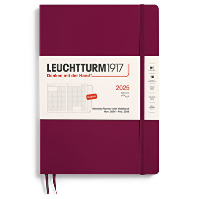 LEUCHTTURM 2025 Aylık Planlayıcı ve Not Defteri, 16 Aylık, Tablet Boy (B5), Yumuşak Kapak, İngilizce, Liman Kırmızısı