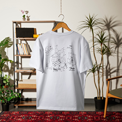 FENDER® Stratocaster Technical Drawing Beyaz T-Shirt