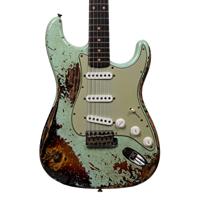 Fender Custom Shop 1961 Stratocaster Super Heavy Relic Aged Surf Green Over 3 Renk Sunburst Elektro Gitar