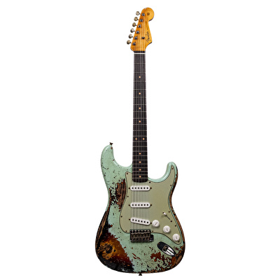 Fender Custom Shop 1961 Stratocaster Super Heavy Relic Aged Surf Green Over 3 Renk Sunburst Elektro Gitar