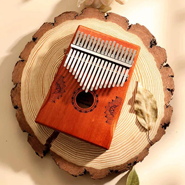 YOGIXO Kalimba 17 Notalı - Red Painting Lotus Desenli Delik - Mahogany