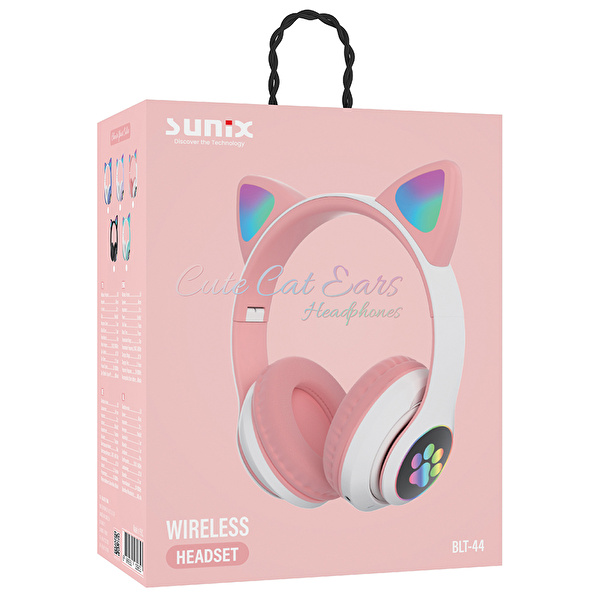 SUNIX Wireless 5.0 Stereo Kedi Kulak Üstü Bluetooth Kulaklık Pembe