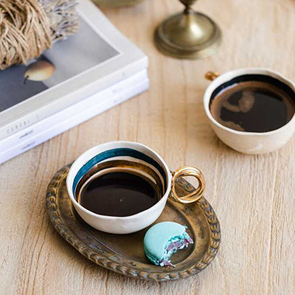 GRİ SERAMİK Altın Halka Çay Fincanı Mavi