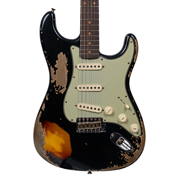 Fender Custom Shop Limited Edition 1959 Stratocaster Super Heavy Relic Aged Black Over Chocolate 3 Renk Sunburst Elektro Gitar