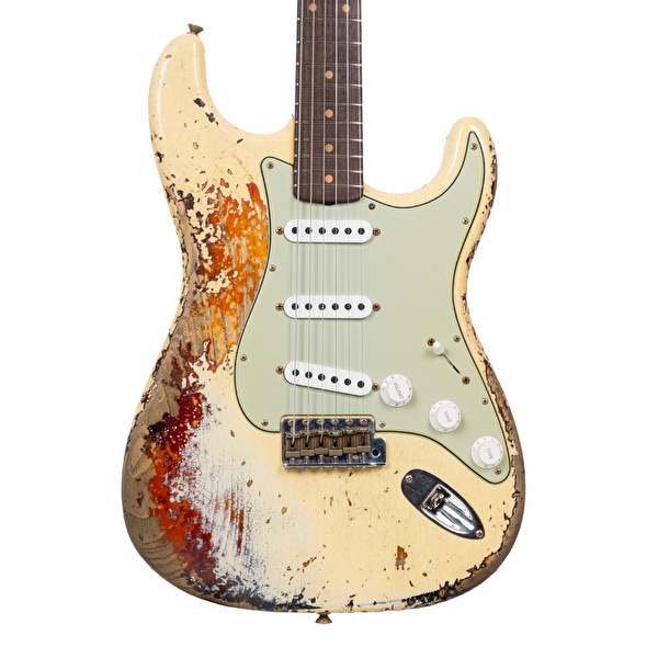 Fender Custom Shop 1961 Stratocaster Super Heavy Relic Aged Vintage White Over 3 Renk Sunburst Elektro Gitar