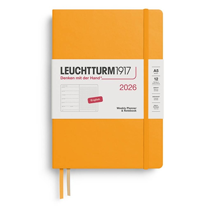 LEUCHTTURM Orta Boy (A5) 12 Aylık Ajanda ve Not Defteri (Noktalı) 2026 Sert Kapak, İngilizce, Gündoğumu Sarı
