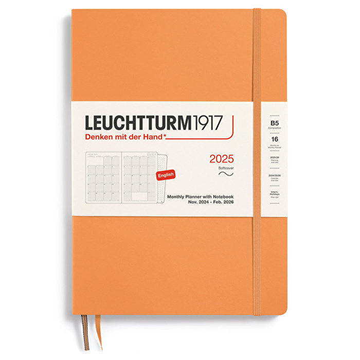 LEUCHTTURM 2025 Aylık Planlayıcı ve Not Defteri, 16 Aylık, Tablet Boy (B5), Yumuşak Kapak, İngilizce, Kayısı
