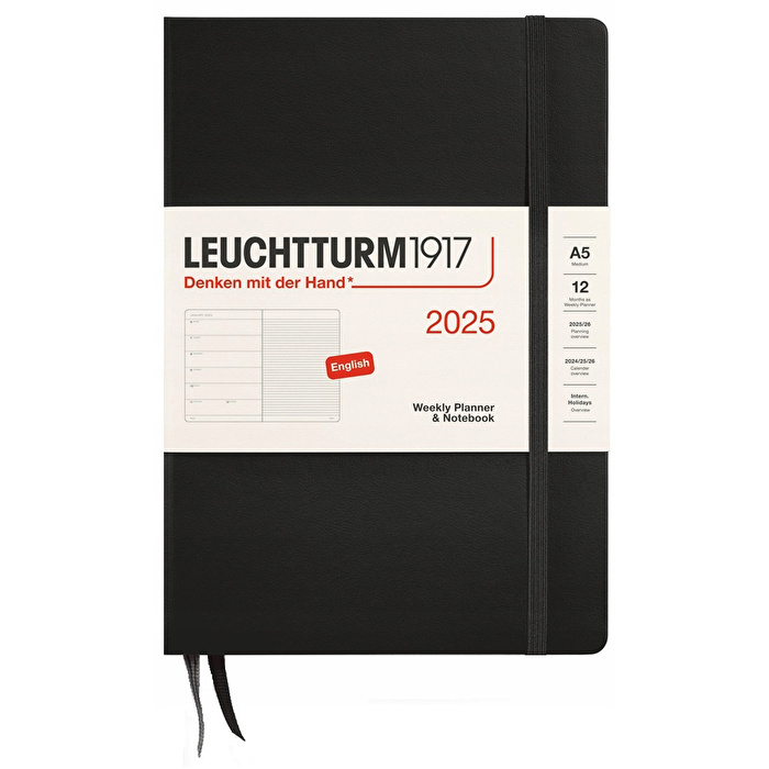 LEUCHTTURM 2025 Haftalık Planlayıcı ve Not Defteri, Orta Boy (A5), Sert Kapak, İngilizce, Çizgili, Siyah