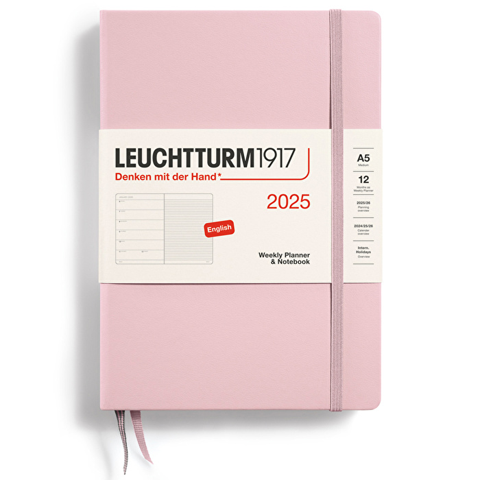 LEUCHTTURM 2025 Haftalık Planlayıcı ve Not Defteri, Orta Boy (A5), Sert Kapak, İngilizce, Çizgili, Pudra
