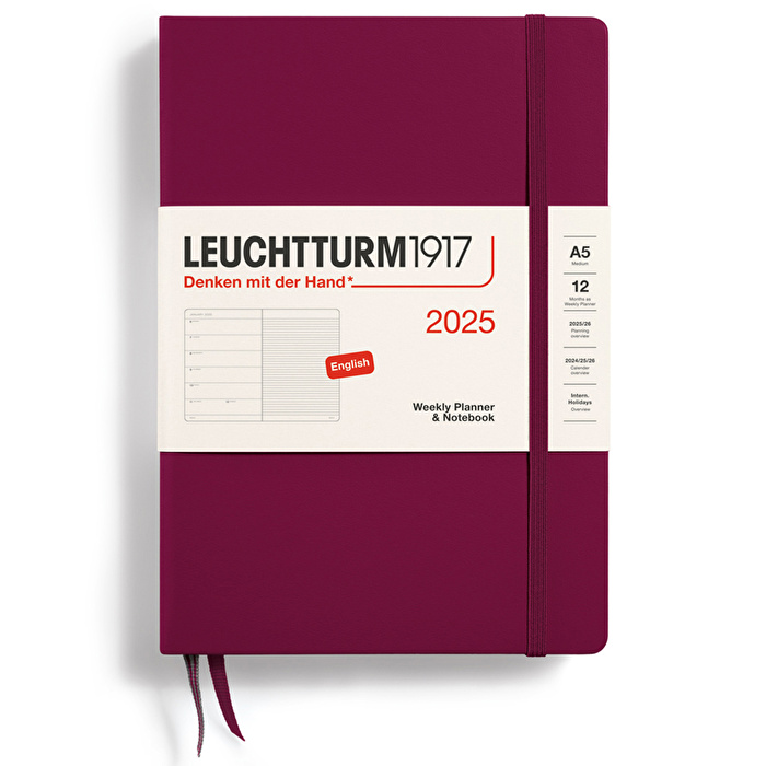 LEUCHTTURM 2025 Haftalık Planlayıcı ve Not Defteri, Orta Boy (A5), Sert Kapak, İngilizce, Çizgili, Liman Kırmızısı