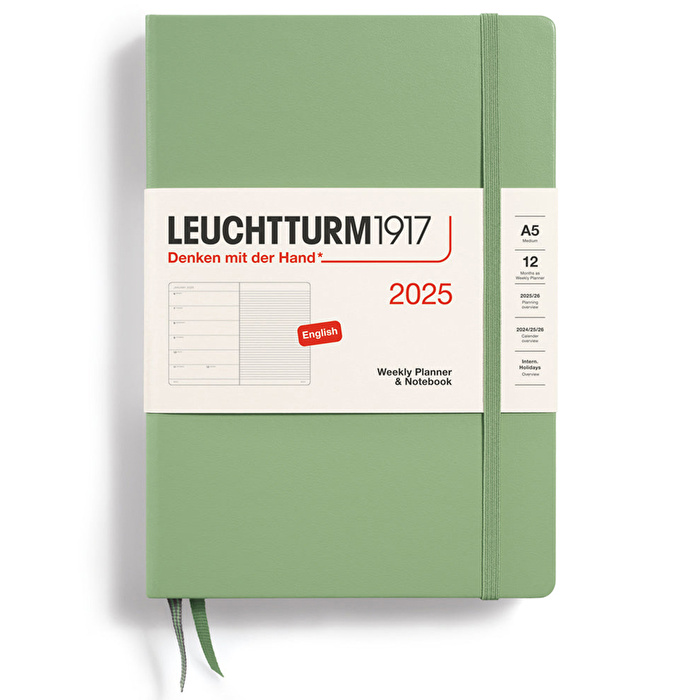 LEUCHTTURM 2025 Haftalık Planlayıcı ve Not Defteri, Orta Boy (A5), Sert Kapak, İngilizce, Çizgili, Adaçayı