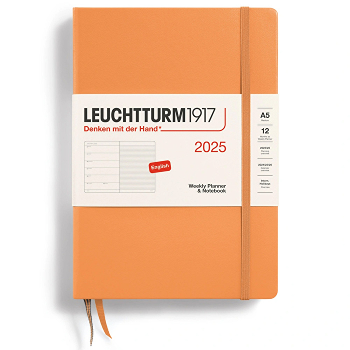 LEUCHTTURM 2025 Haftalık Planlayıcı ve Not Defteri, Orta Boy (A5), Sert Kapak, İngilizce, Çizgili, Kayısı