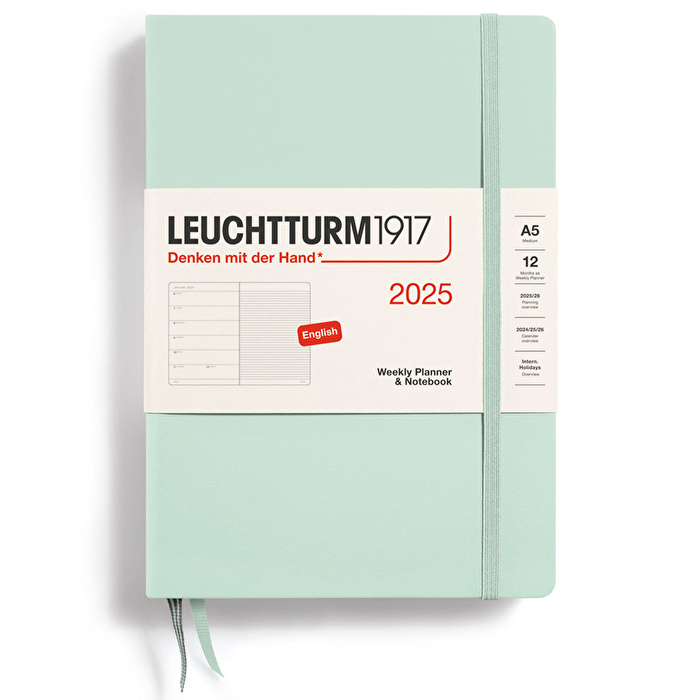 LEUCHTTURM 2025 Haftalık Planlayıcı ve Not Defteri, Orta Boy (A5), Sert Kapak, İngilizce, Çizgili, Nane Yeşili