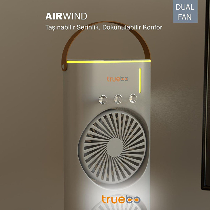 TRUEBO AirWind - Masaüstü Buhar Püskürtmeli Taşınabilir Şarjlı Led Işık Çift Fanlı Vantilatör - Beyaz