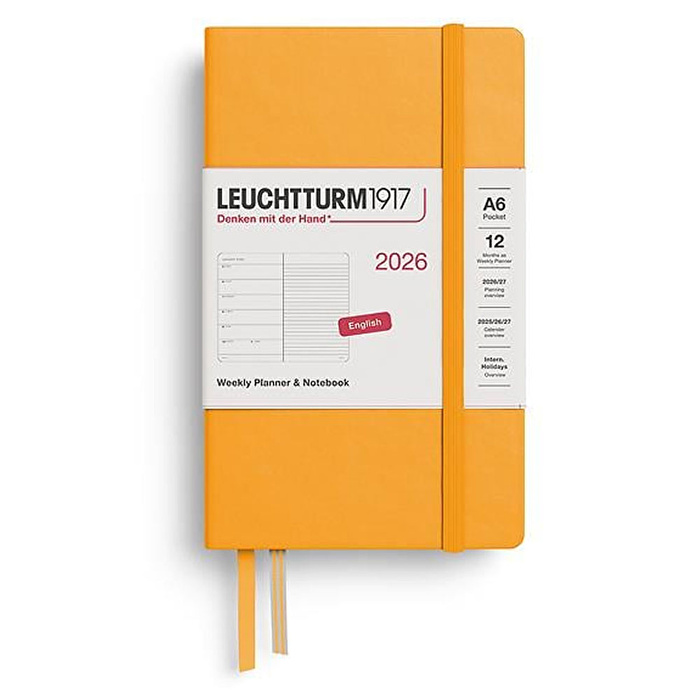 LEUCHTTURM Cep Boy (A6) 12 Aylık Ajanda ve Not Defteri (Çizgili) 2026 Sert Kapak, İngilizce, Gündoğumu Sarı