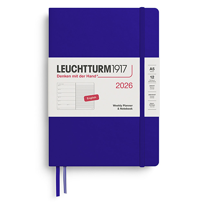 LEUCHTTURM Orta Boy (A5) 12 Aylık Ajanda ve Not Defteri (Çizgili) 2026 Sert Kapak, İngilizce, Ink Mavi