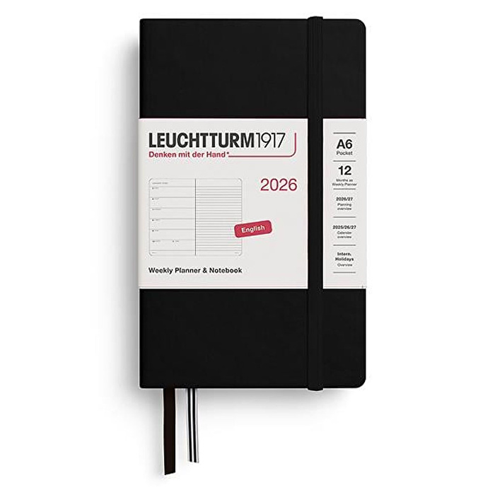 LEUCHTTURM Cep Boy (A6) 12 Aylık Ajanda ve Not Defteri (Çizgili) 2026 Sert Kapak, İngilizce, Siyah