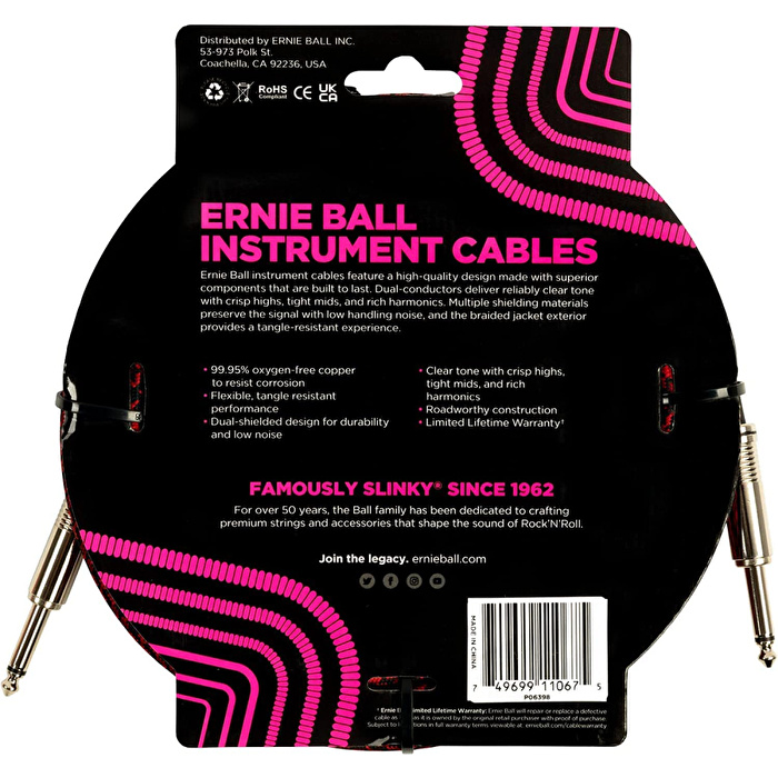 ERNIE BALL 7.6 Metre Örgülü Düz/Düz Uçlu Kırmızı Siyah Enstrüman Kablosu