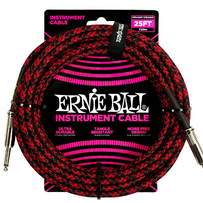 ERNIE BALL 7.6 Metre Örgülü Düz/Düz Uçlu Kırmızı Siyah Enstrüman Kablosu