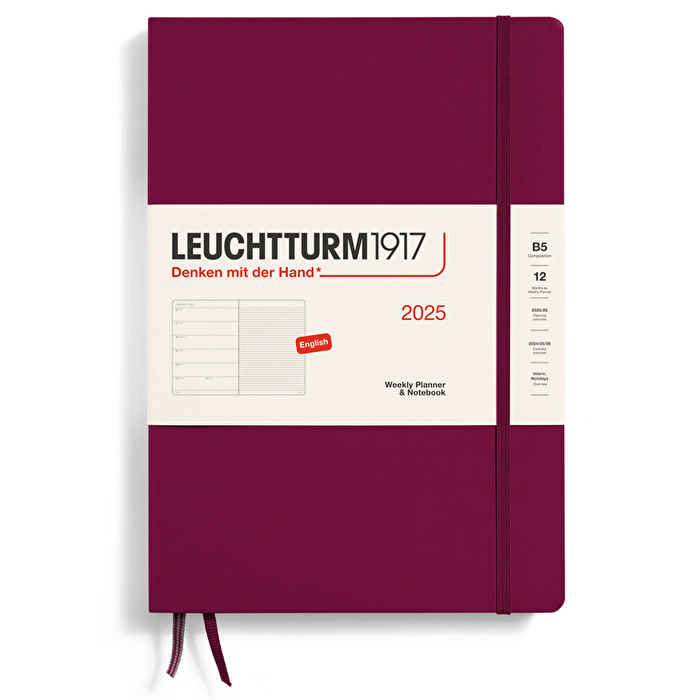 LEUCHTTURM 2025 Haftalık Planlayıcı ve Not Defteri, Tablet Boy (B5), Sert Kapak, İngilizce, Çizgili, Liman Kırmızısı