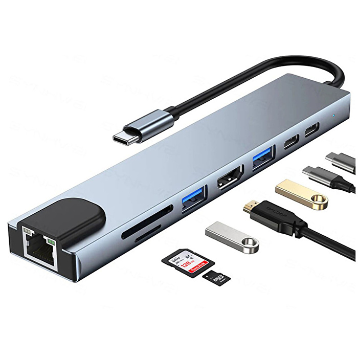 SHAZA 8 in1 USB Type-C Hub Port Adaptör HDMI USB Ethernet PD Girişli