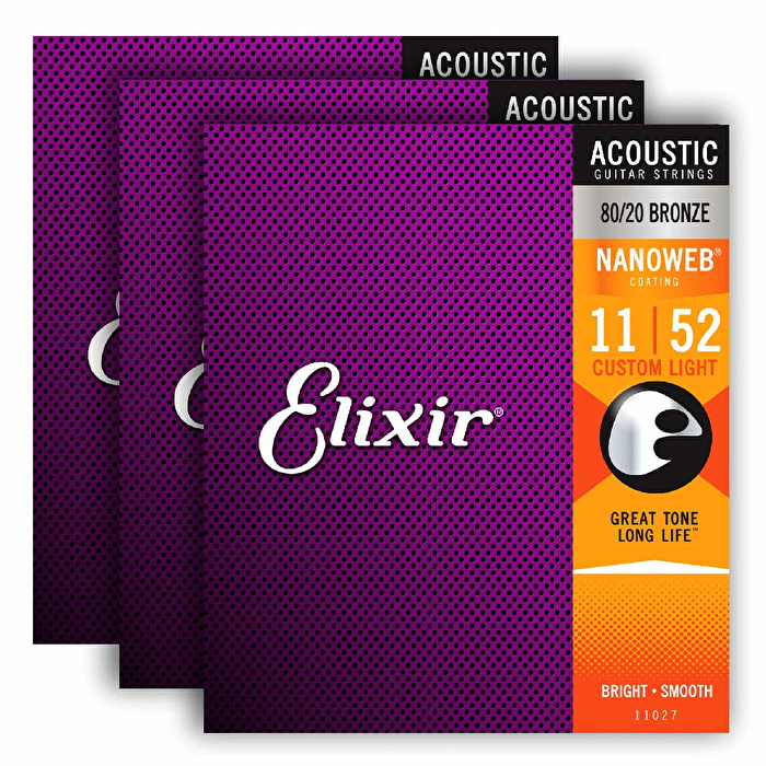 Elixir 16538 11-52 3 Nanoweb 80/20 Akustik Gitar Teli Bronze 3lü Set