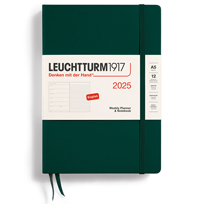 LEUCHTTURM 2025 Haftalık Planlayıcı ve Not Defteri, Orta Boy (A5), Sert Kapak, İngilizce, Noktalı, Orman Yeşili