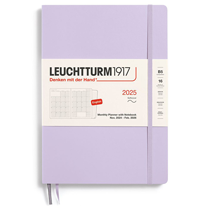 LEUCHTTURM 2025 Aylık Planlayıcı ve Not Defteri, 16 Aylık, Tablet Boy (B5), Yumuşak Kapak, İngilizce, Leylak