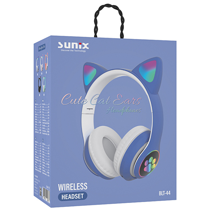 SUNIX Wireless 5.0 Stereo Kedi Kulak Üstü Bluetooth Kulaklık Mavi