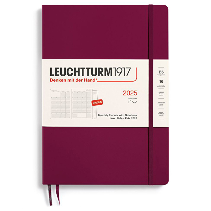 LEUCHTTURM 2025 Aylık Planlayıcı ve Not Defteri, 16 Aylık, Tablet Boy (B5), Yumuşak Kapak, İngilizce, Liman Kırmızısı