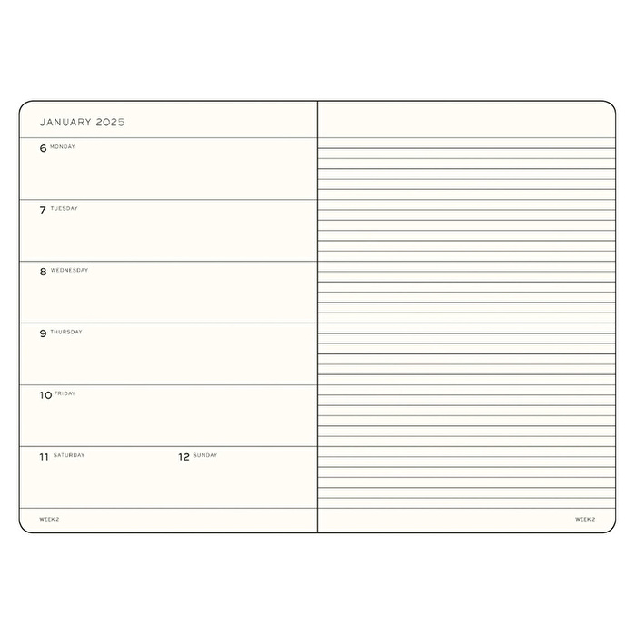 LEUCHTTURM 2025 Haftalık Planlayıcı ve Not Defteri, Cep Boy (A6), Sert Kapak, İngilizce, Çizgili, Siyah