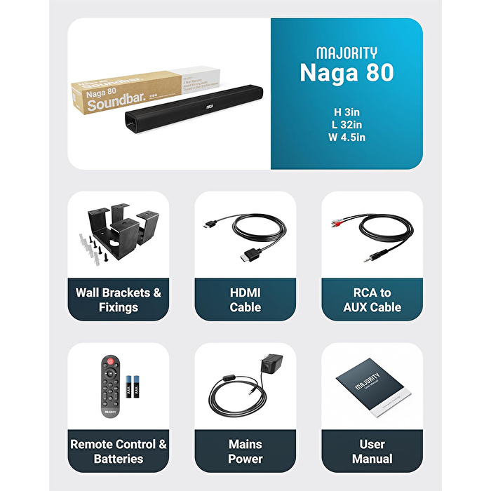Majority Naga 80 3D Surround 140W TV Soundbar (HDMI/ARC, BT, USB, OPTIC, AUX, Dahili Subwoofer)