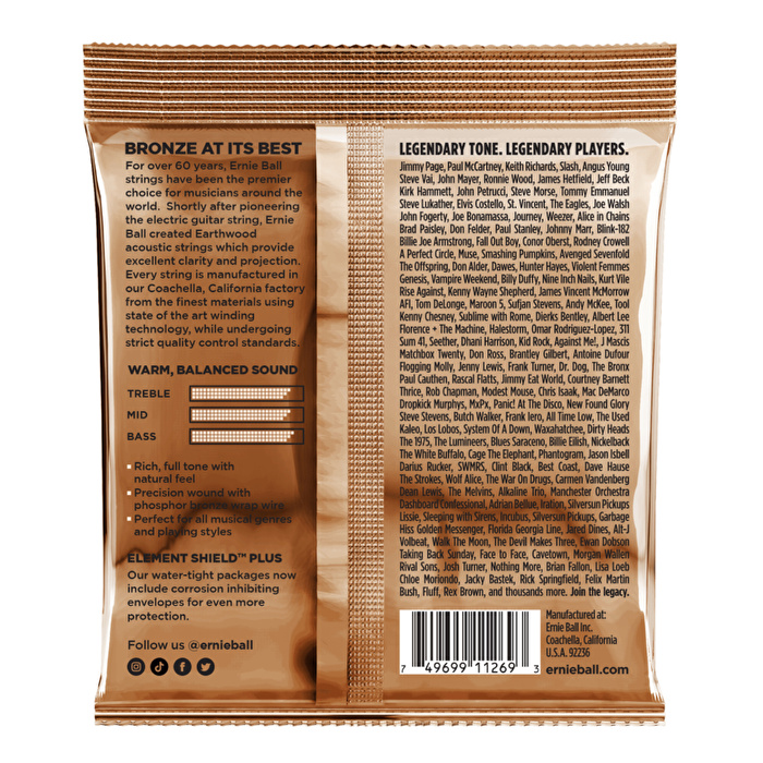 ERNIE BALL Earthwood Rock and Blues w/Plain G 10-52 Phosphor Bronze 3lü Paket Akustik Gitar Teli
