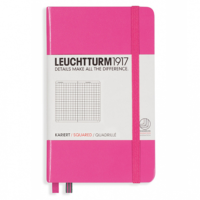 LEUCHTTURM Not Defteri Cep Boy (A6), Sert Kapak, 187 Numaralandırılmış Sayfa, Kareli, Pembe Defter