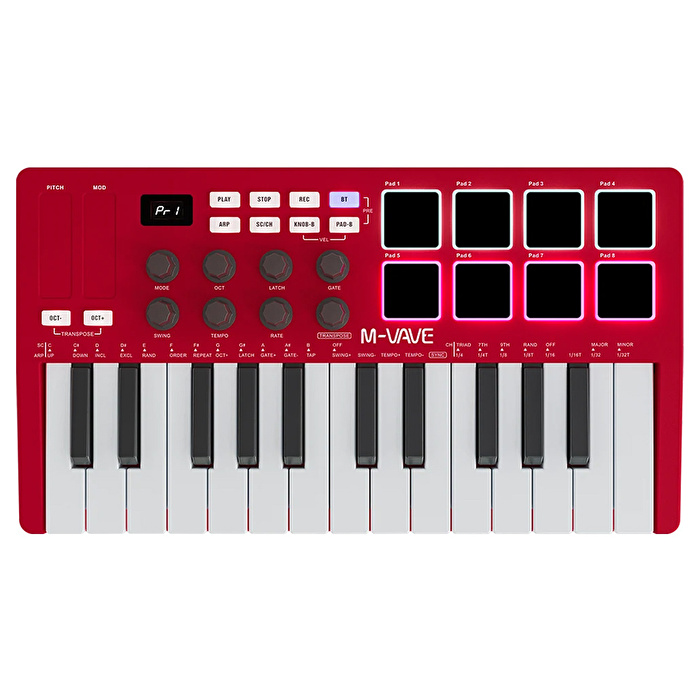 M-VAVE SMK-25 25 Tuşlu Kablosuz Şarjlı MIDI Klavye (Kırmızı)