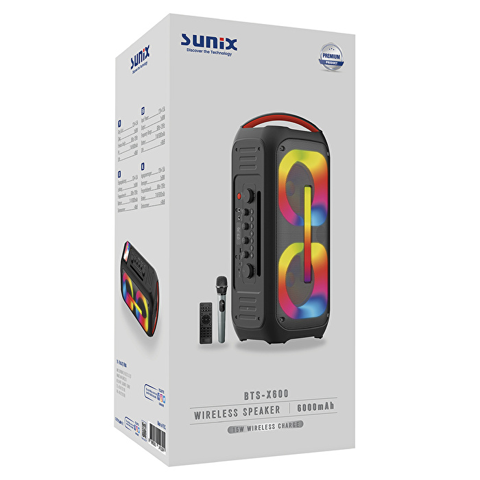 SUNIX 120W Çıkış Gücü 15W Wireless Şarj Ekolayzer TWS Mikrofon ve Gitar Girişli Ledli Bluetooth Hoparlör